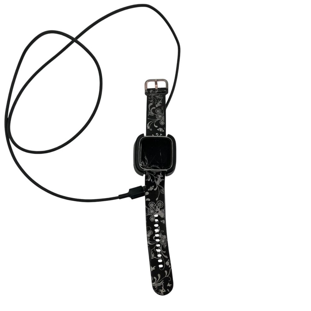 Fitbit Versa Smartwatch With Black & Silver Floral Band & Charger for Parts
